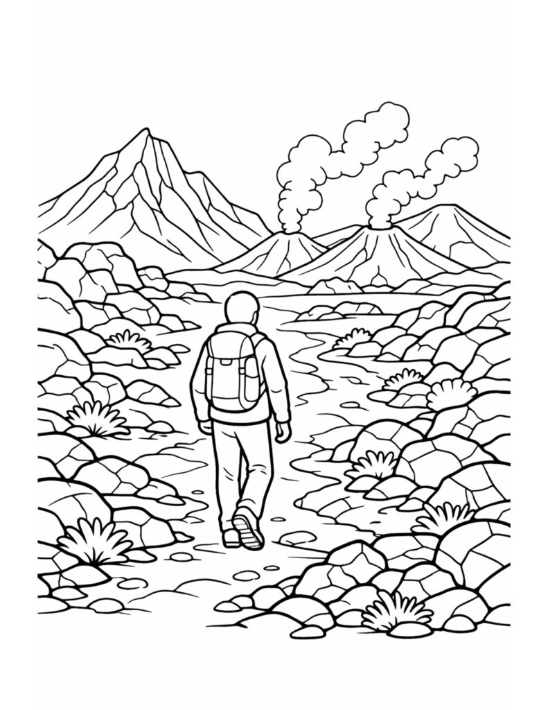 backpacker hiking toward smoking volcanoes coloring page showing a rocky trail, mountains, and rising steam coloring page