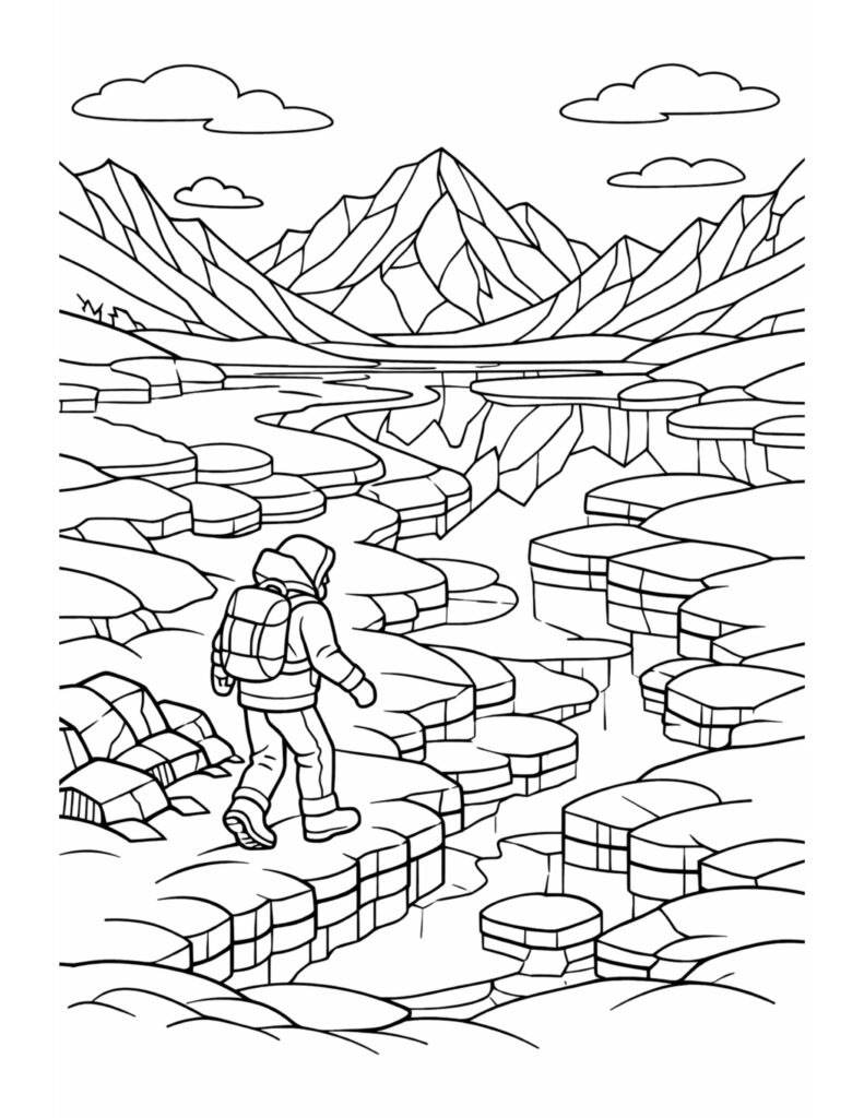 backpacker walking on rocky slabs coloring page with mountain peaks reflected in calm water