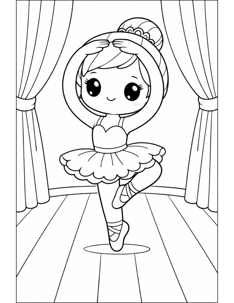 ballerina balancing in curtain stage coloring page with a cute dancer in a tutu between theater curtains