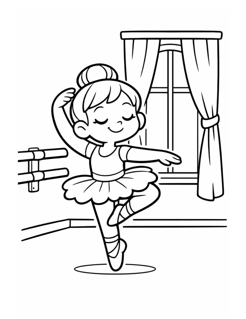ballerina balancing in studio coloring page showing a smiling dancer in a ballet room by a window and barre coloring page