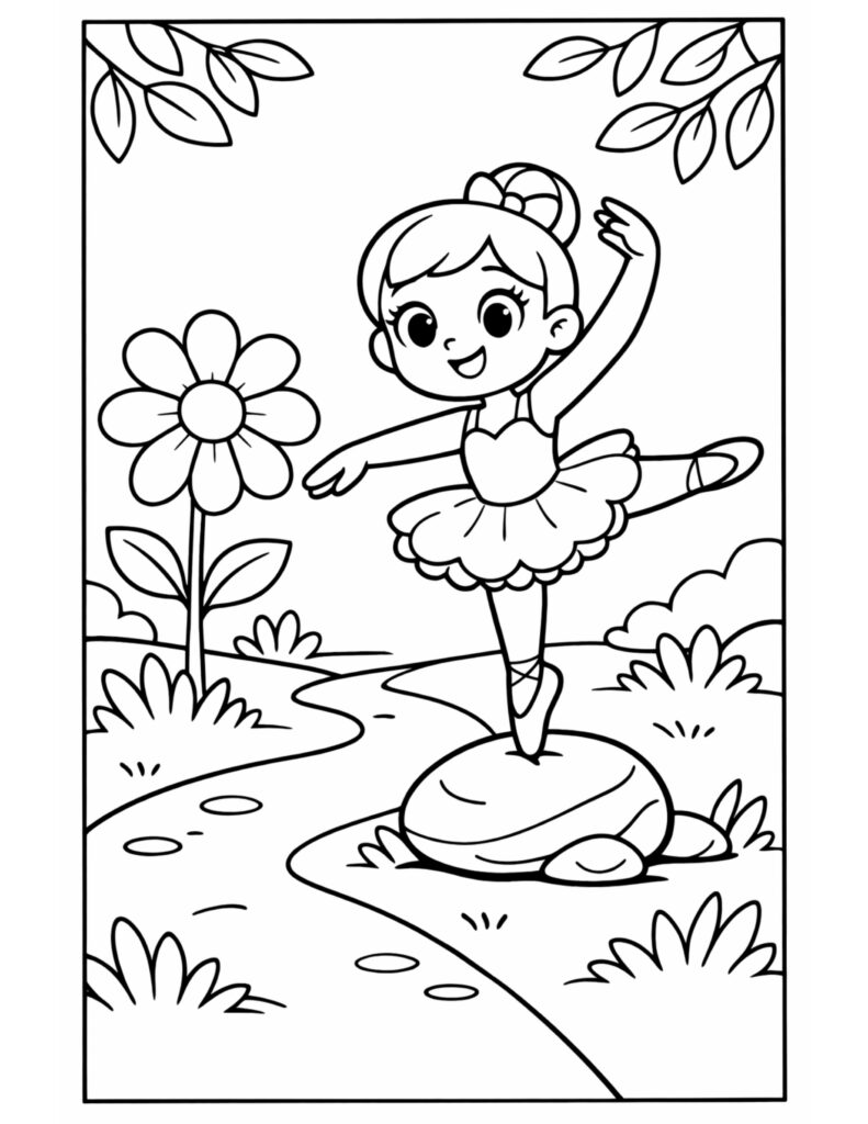 ballerina balancing on garden rock coloring page featuring a smiling dancer outdoors near a big flower coloring page