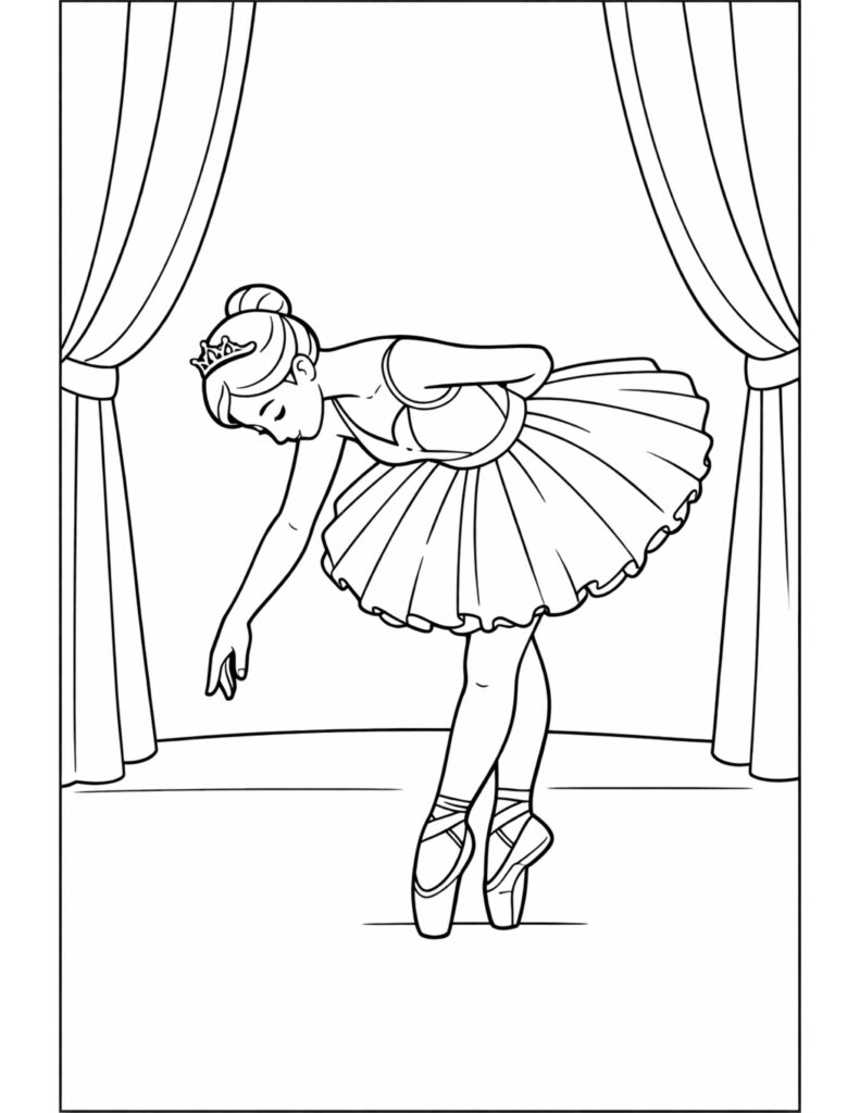ballerina bowing on stage coloring page featuring a tutu, tiara, and theater curtains coloring page