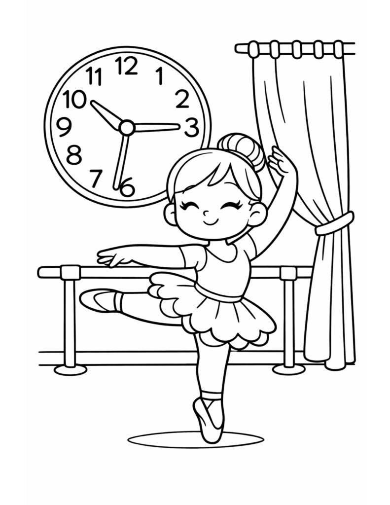 ballerina dancing at studio barre coloring page, smiling dancer beside wall clock and curtain coloring page