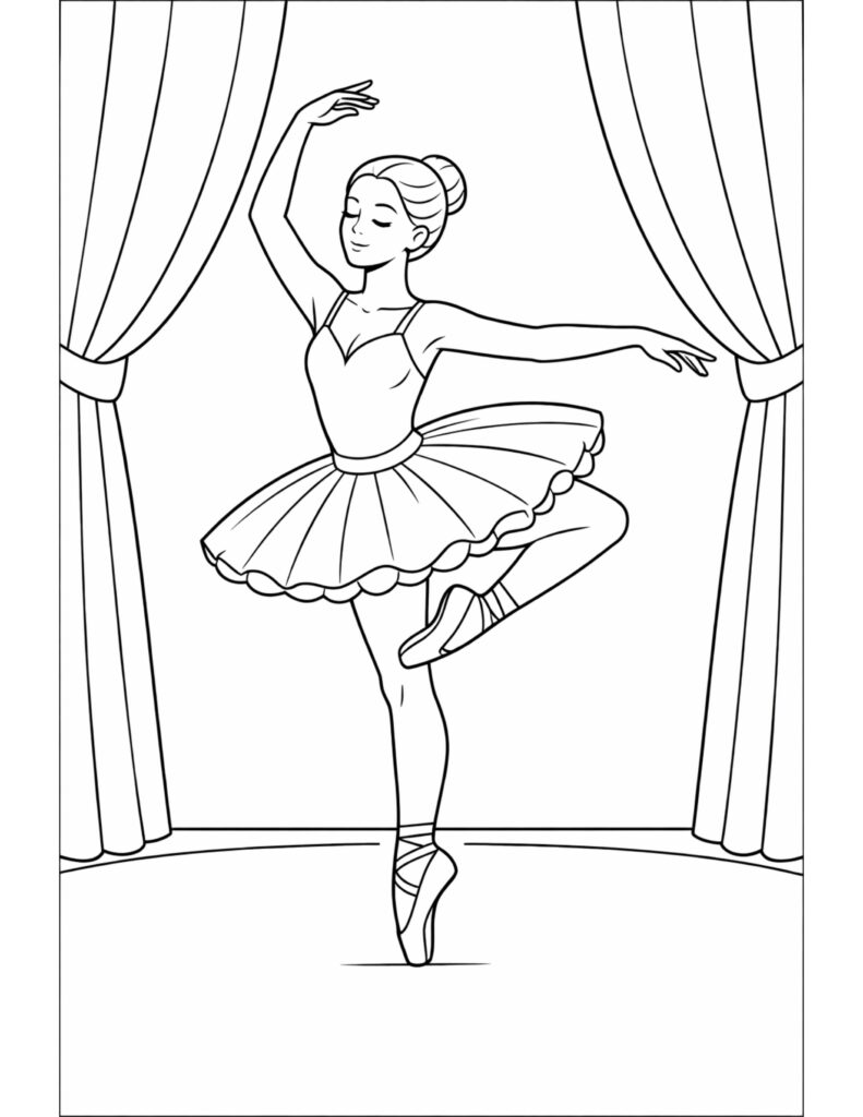 ballerina dancing between stage curtains coloring page showing a dancer en pointe with raised arms, simple stage curtains coloring page