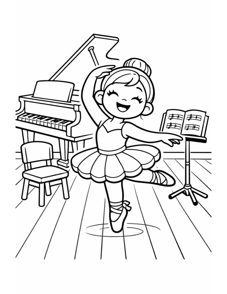ballerina dancing by grand piano coloring page with a smiling dancer, piano, chair, and music stand coloring page
