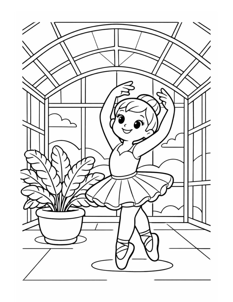 ballerina dancing in sunlit studio coloring page with smiling ballerina, arched windows, and potted plant