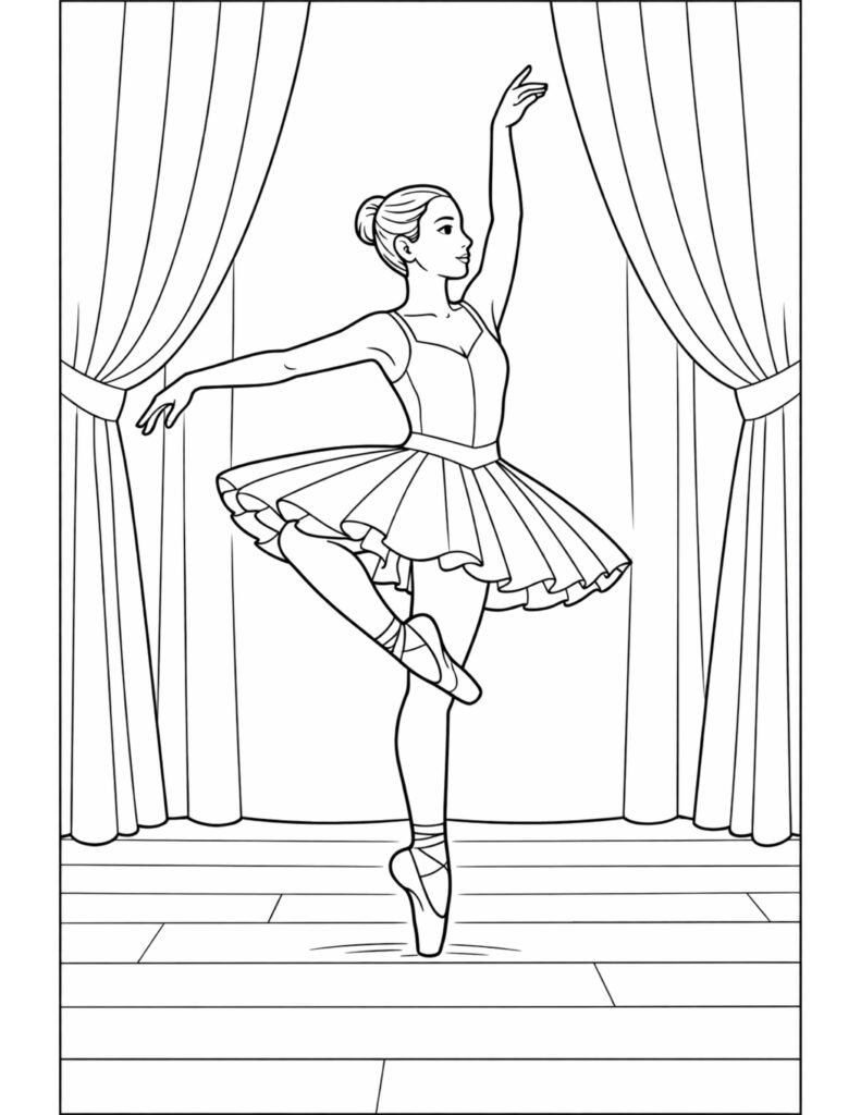 ballerina dancing on stage curtains coloring page showing a dancer en pointe between curtains on a wooden floor coloring page