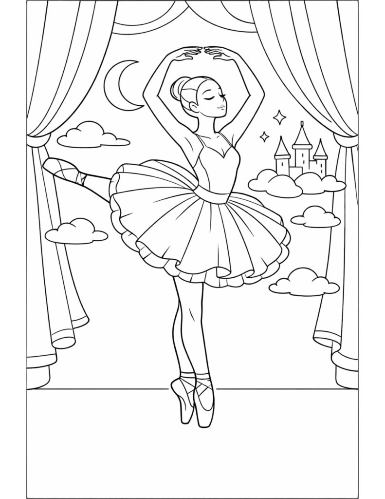 ballerina dancing with castle backdrop coloring page featuring moon clouds sparkles and stage curtains coloring page