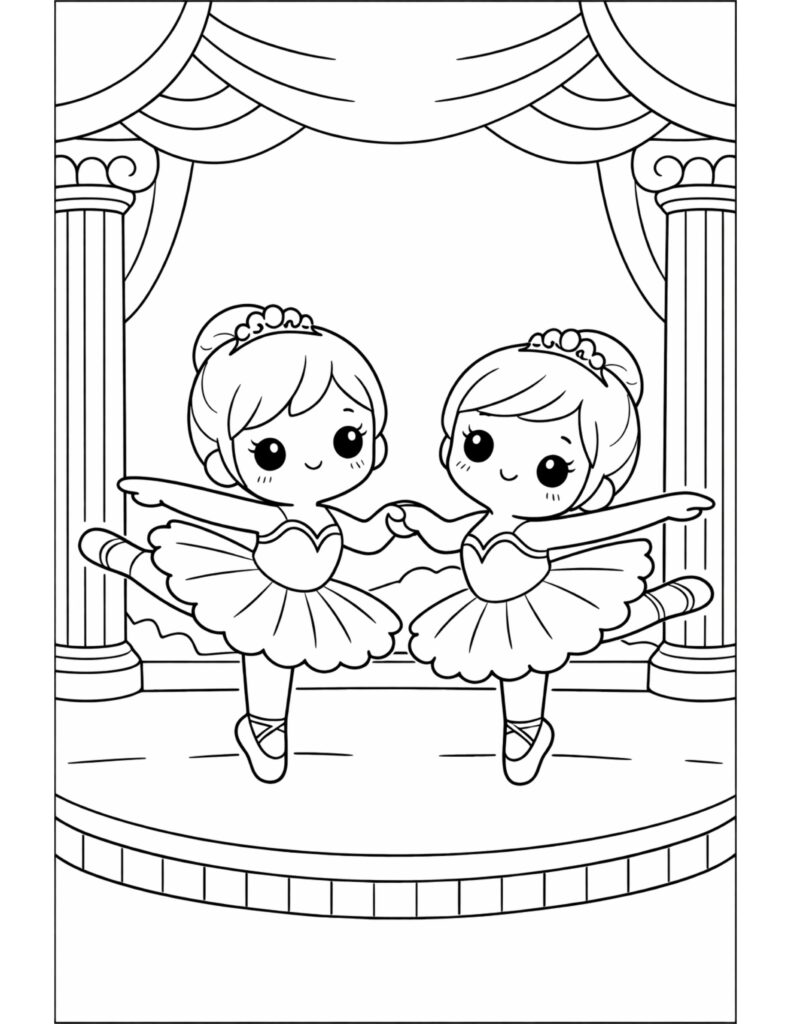 ballerina duo holding hands onstage coloring page with two cute dancers, stage curtains, and tall columns