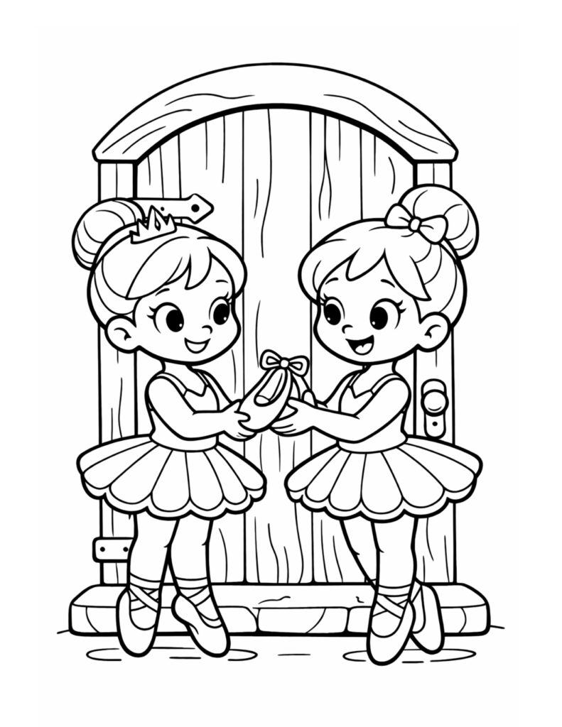 ballerina duo sharing a shoe coloring page, two ballerinas in tutus in front of a wooden door, coloring page