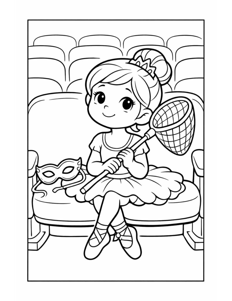 ballerina holding net at theater coloring page, cute dancer sitting on a big seat with a mask beside her coloring page
