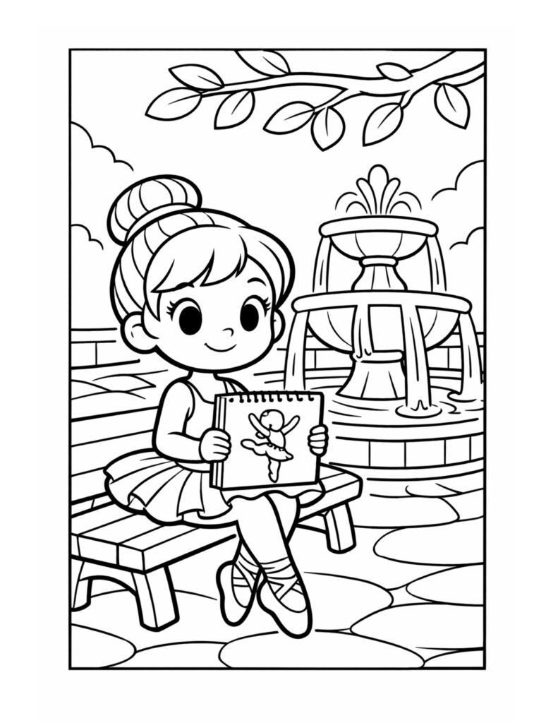 ballerina holding sketchbook by fountain coloring page, cute dancer on a bench near a fountain and tree branch coloring page