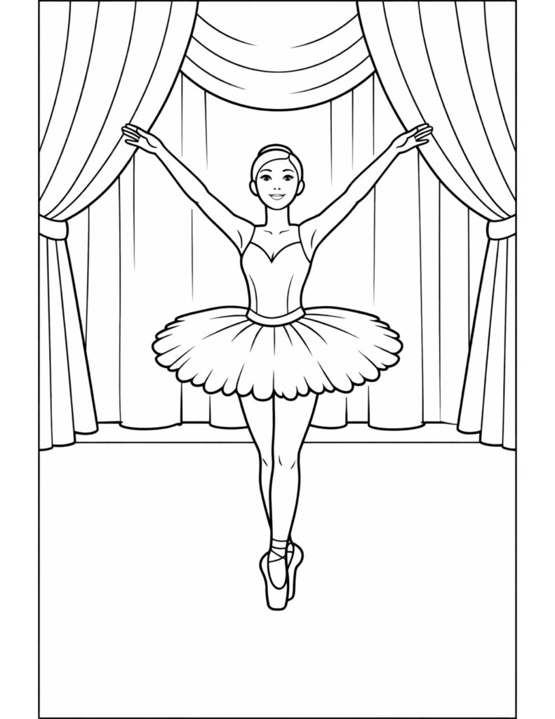 ballerina holding stage curtains coloring page with a smiling dancer centered between curtains, standing en pointe coloring page