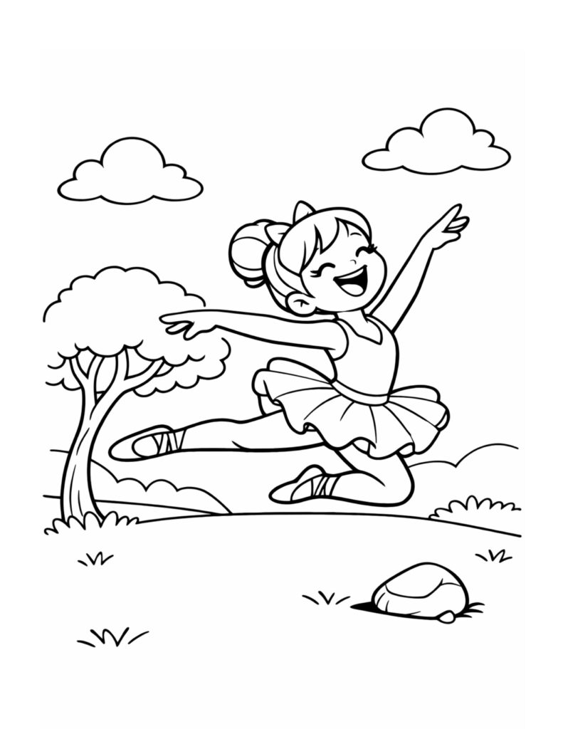 ballerina leaping in park coloring page, smiling dancer jumping outdoors with a tree and clouds, line art coloring page