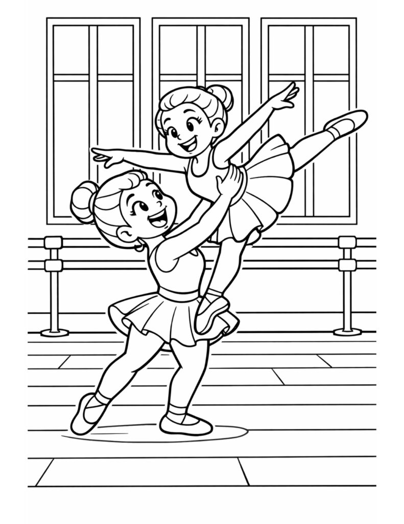 ballerina lift practice in studio coloring page showing two dancers doing a supported lift in front of tall windows coloring page