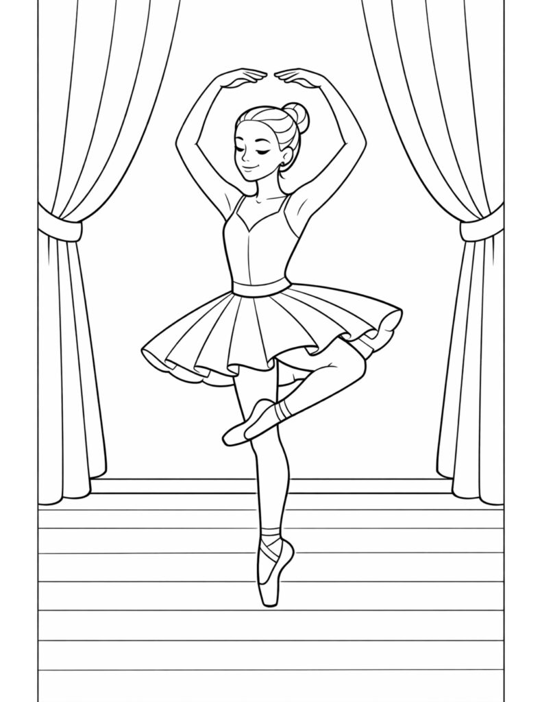 ballerina posing en pointe onstage coloring page with elegant curtains and a wooden stage coloring page