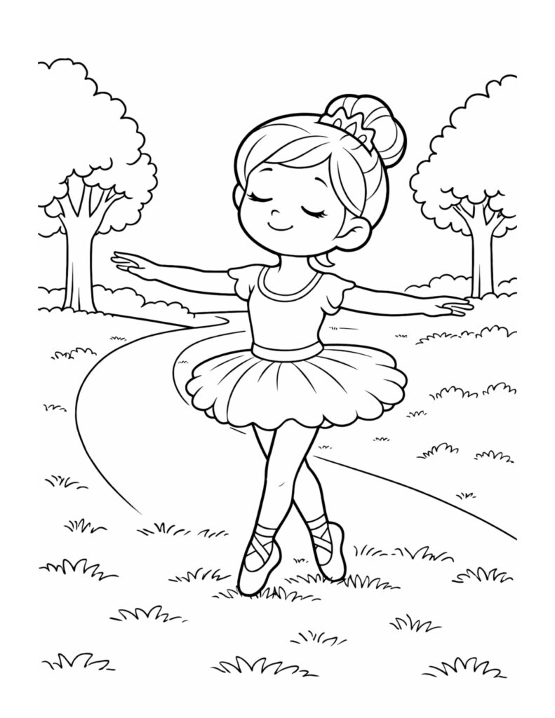 ballerina posing on park path coloring page with a calm dancer in a tutu on a winding trail, coloring page
