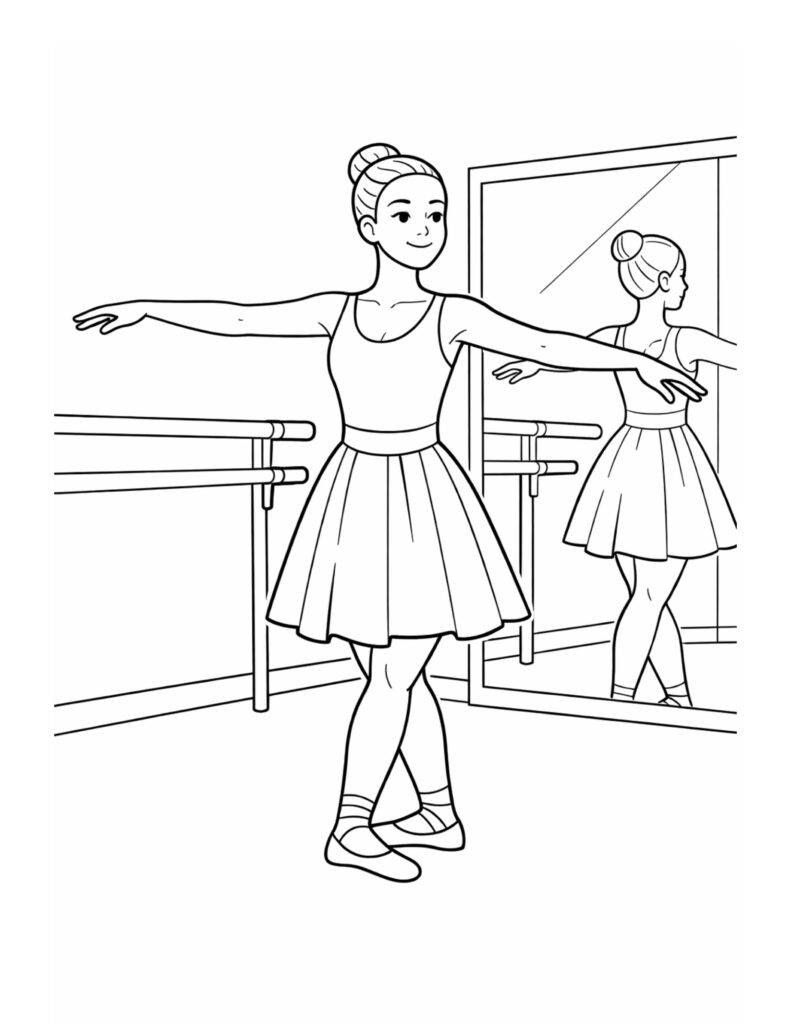 ballerina practicing at ballet barre coloring page with arms extended, mirror reflection, and studio barre