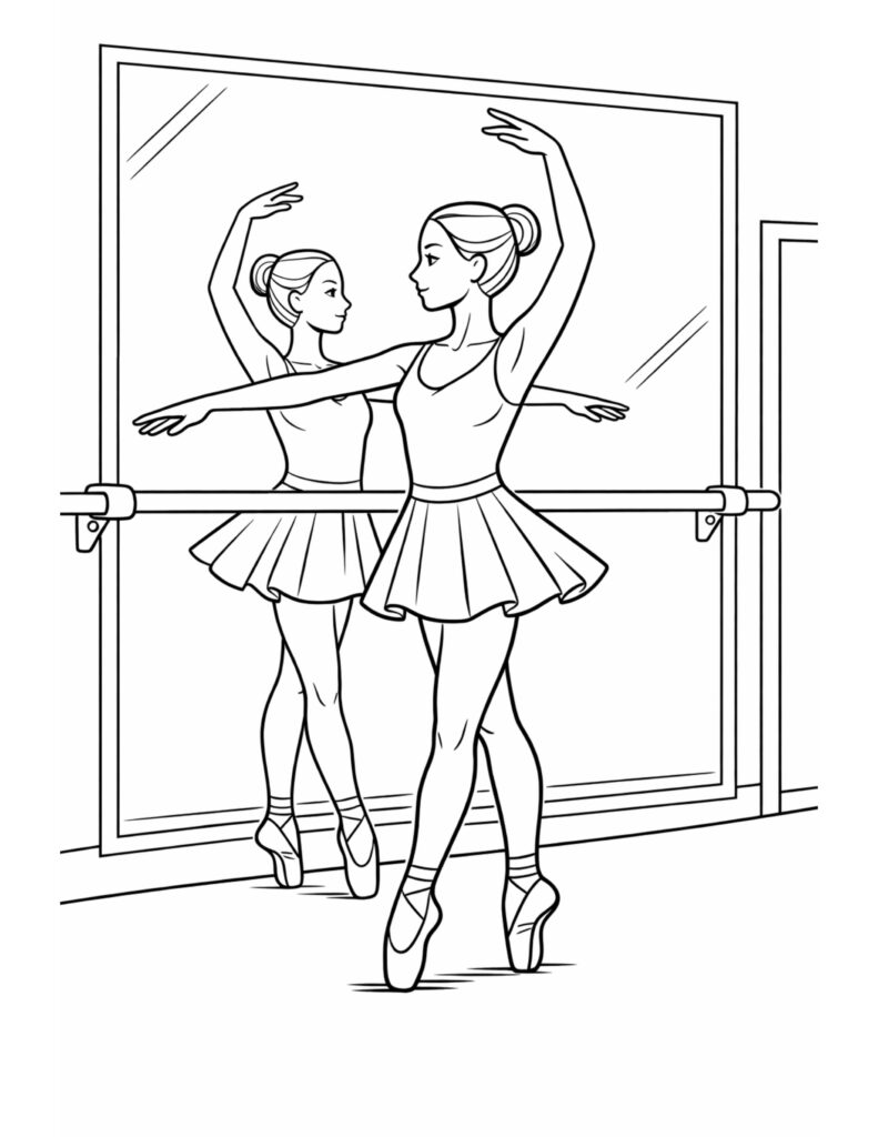 ballerina practicing at the barre coloring page showing a dancer by a studio mirror and barre, line art coloring page