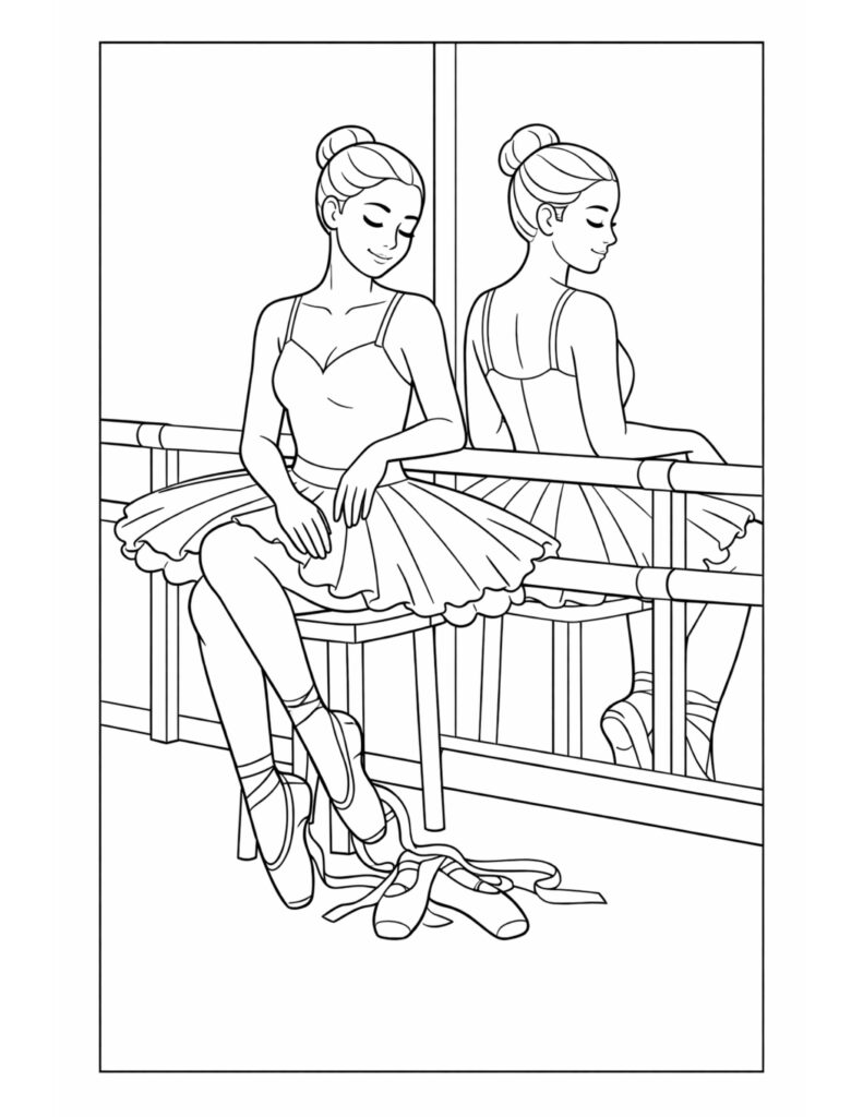 ballerina resting by studio mirror coloring page showing a dancer seated by the barre with pointe shoes coloring page