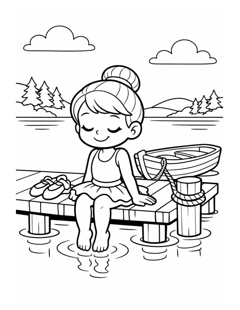 ballerina resting on lakeside dock coloring page, cute dancer sitting on a wooden pier by a rowboat, coloring page