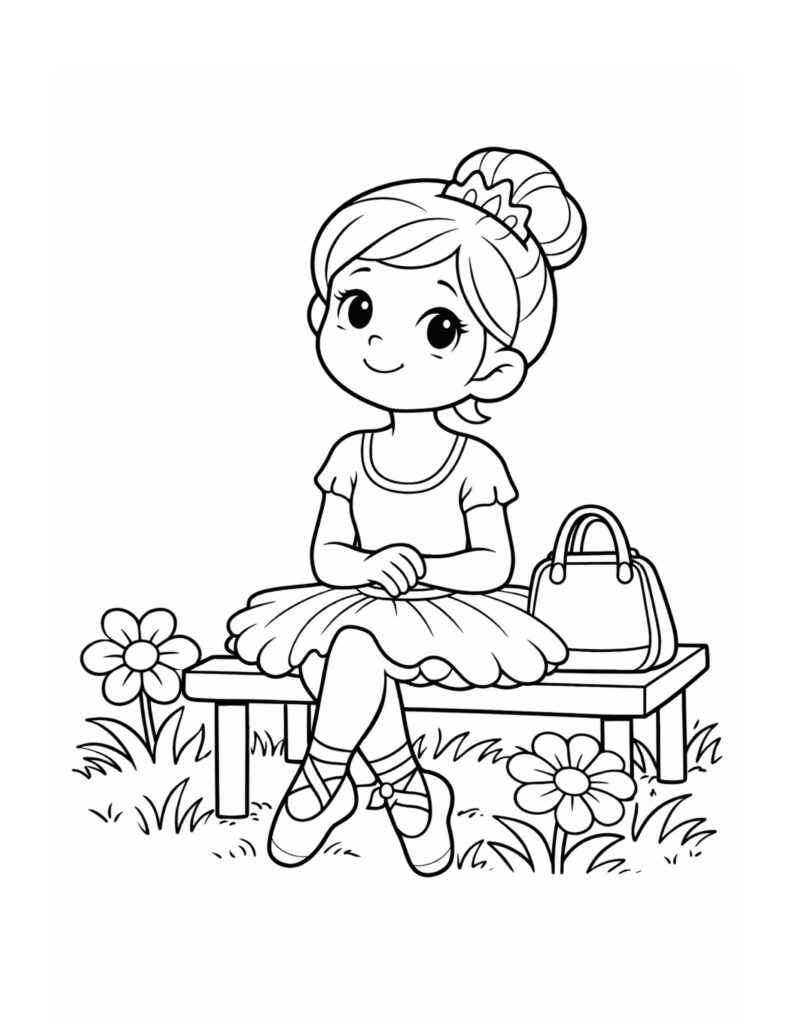 ballerina sitting on park bench coloring page with a smiling dancer, flowers, and a handbag