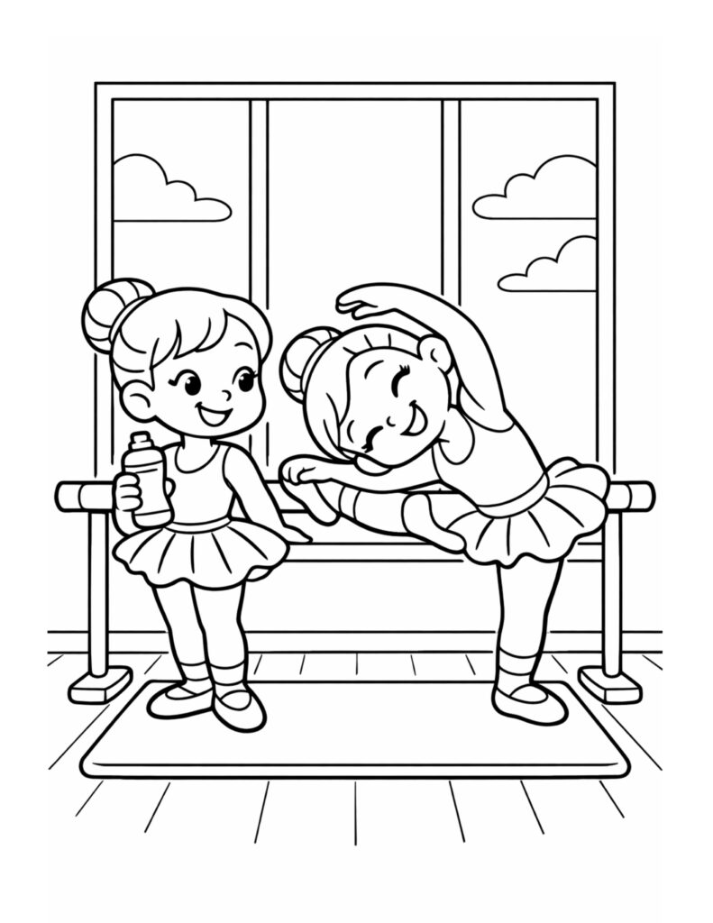 ballerina stretching at barre coloring page showing two cute ballerinas at a studio barre coloring page