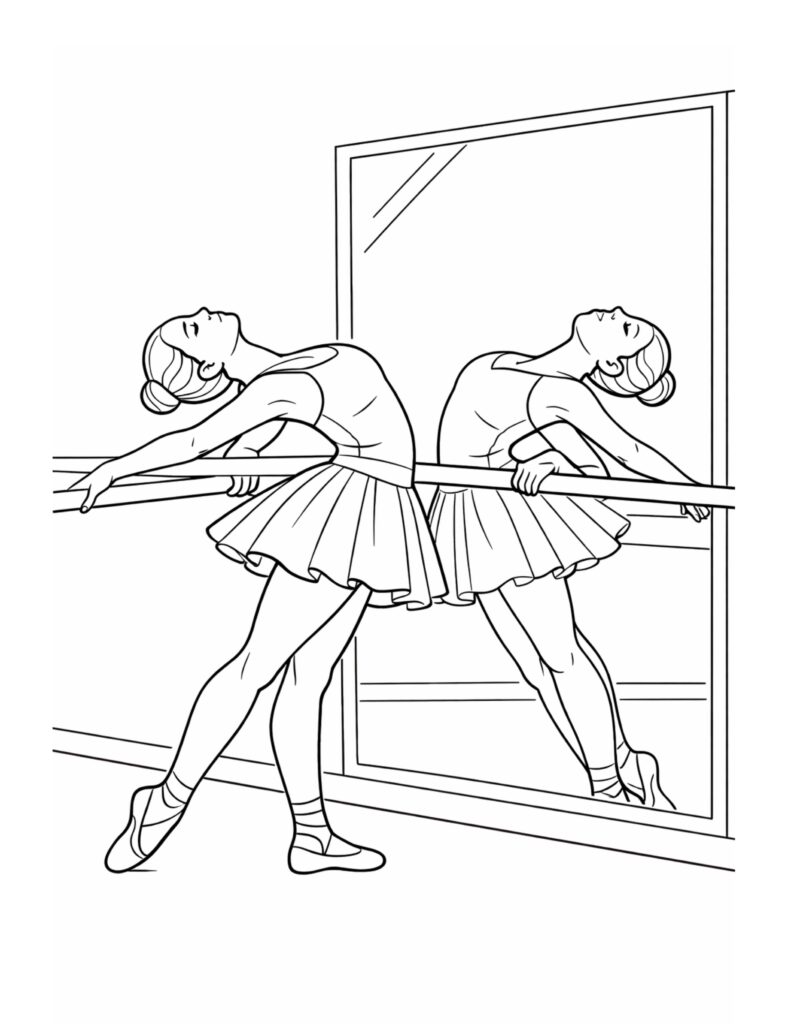 ballerina stretching at barre mirror coloring page with a dancer leaning back at the studio barre