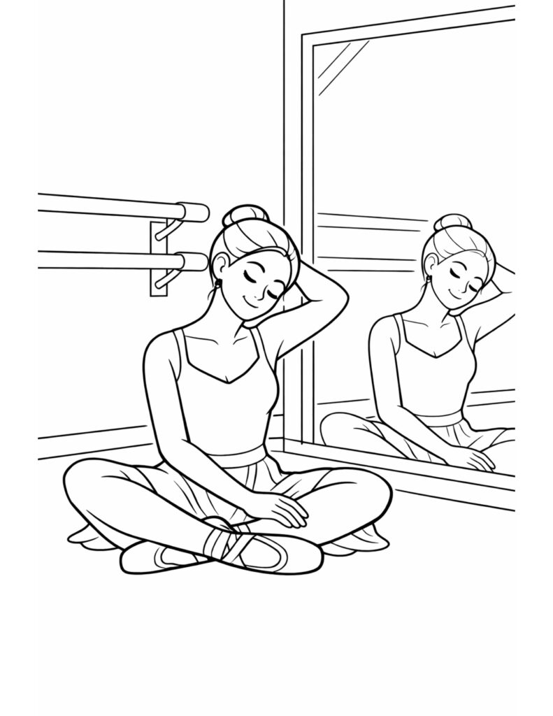 ballerina stretching beside studio mirror coloring page with seated stretch, barre, and reflection coloring page