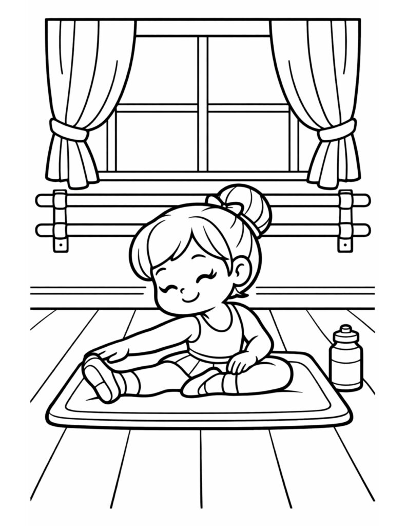 ballerina stretching on floor mat coloring page, seated stretch on a mat in a ballet studio by a window, coloring page