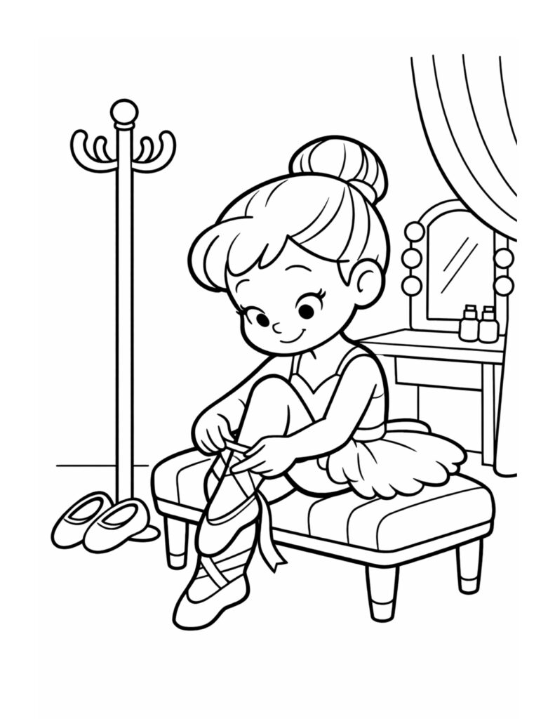 ballerina tying pointe shoes bench coloring page with dancer on bench by vanity mirror and coat rack coloring page