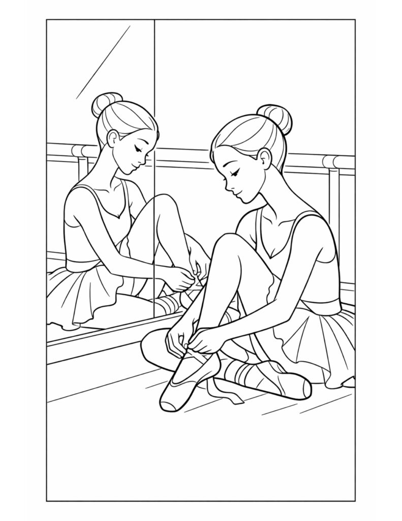 ballerina tying pointe shoes mirror coloring page showing a seated dancer lacing shoes by a studio barre and reflection coloring page
