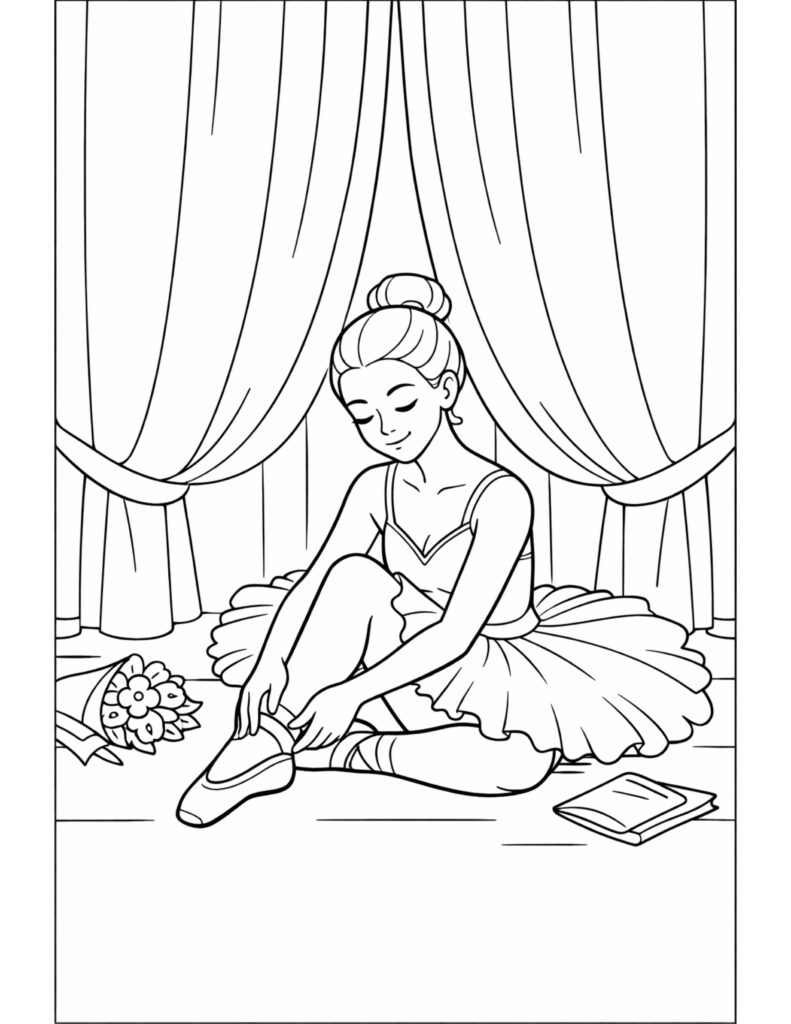 ballerina tying shoe with bouquet coloring page showing a seated dancer under curtains with flowers and a book coloring page