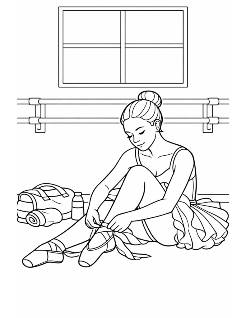 ballerina tying shoes at barre coloring page, dancer seated in studio with gym bag and bottle coloring page