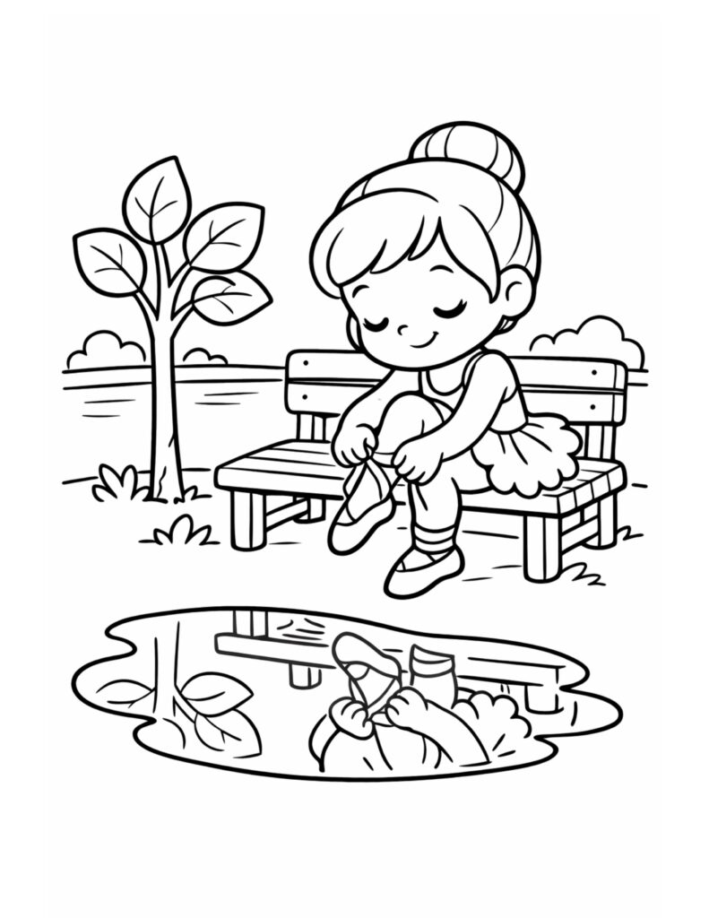 ballerina tying shoes on bench coloring page, cute dancer on a park bench with a puddle reflection coloring page