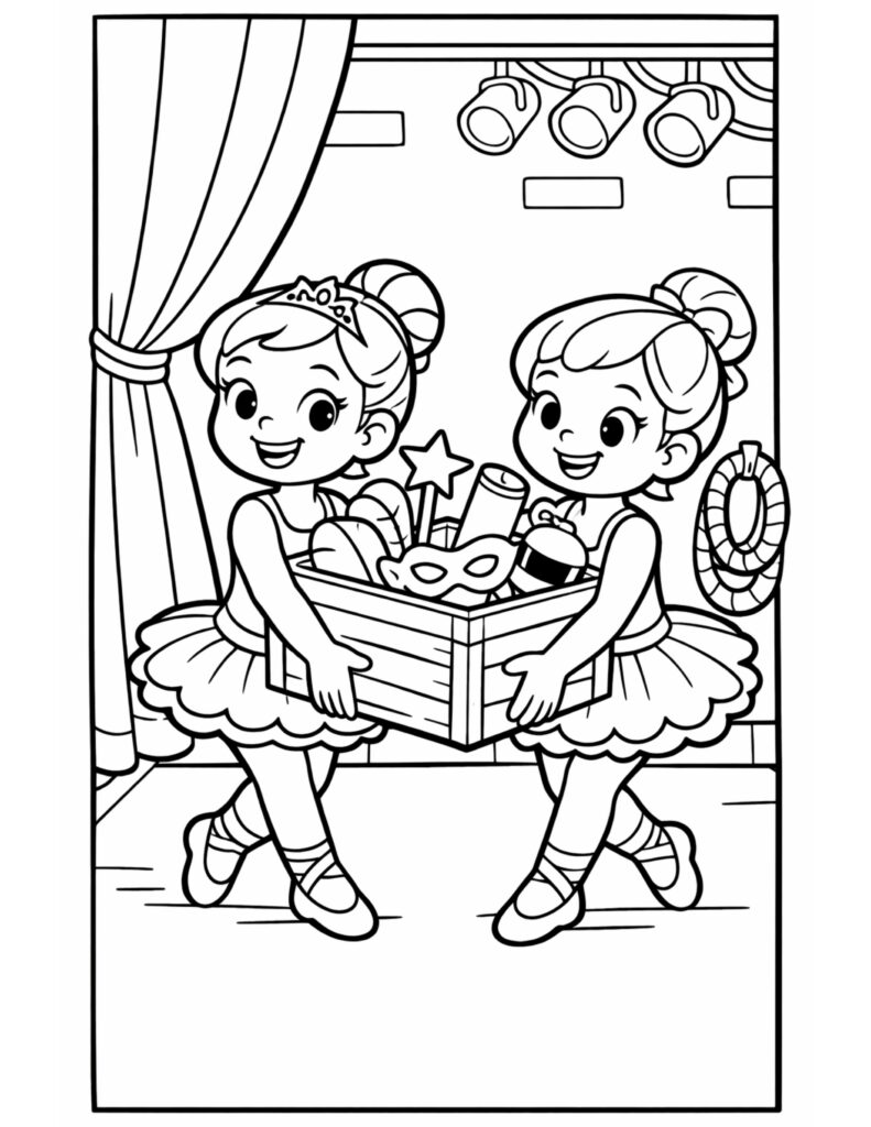 ballerinas carrying prop box coloring page with two ballerinas holding a crate of masks and props coloring page