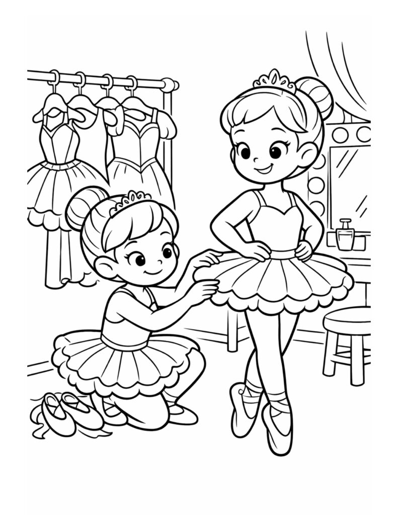 ballerinas fitting tutu by mirror coloring page with two dancers adjusting a skirt near costumes and vanity lights coloring page
