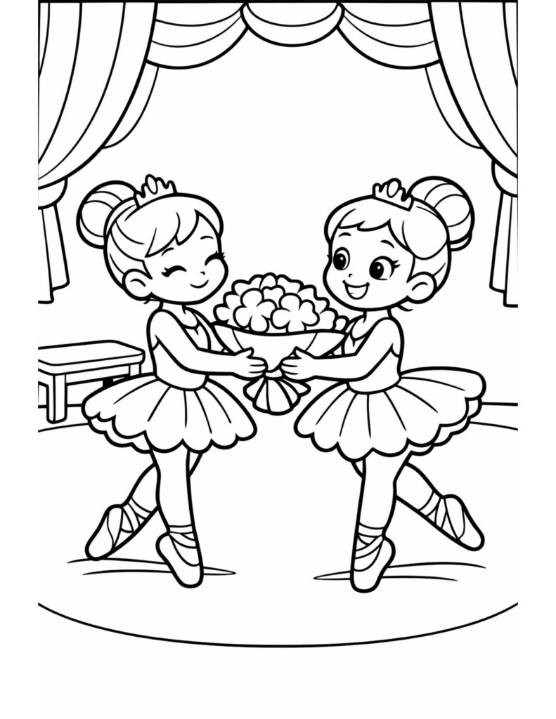 ballerinas sharing a bouquet coloring page with two smiling dancers on a stage under curtains, coloring page
