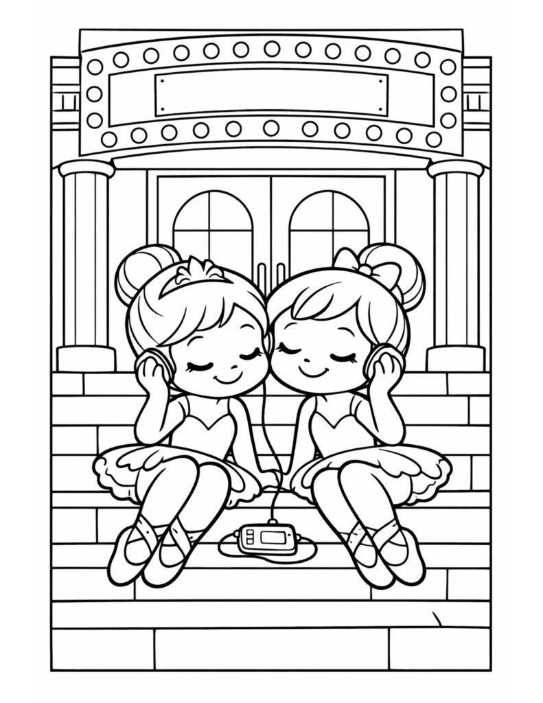 ballerinas sharing headphones on steps coloring page with two ballerinas sitting on theater stairs, line art coloring page
