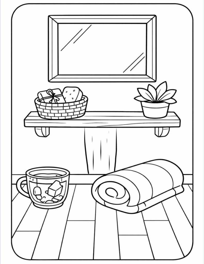 bathroom bench with rolled towel coloring page with a wall mirror, shelf basket, small plant, towel, and warm mug coloring page