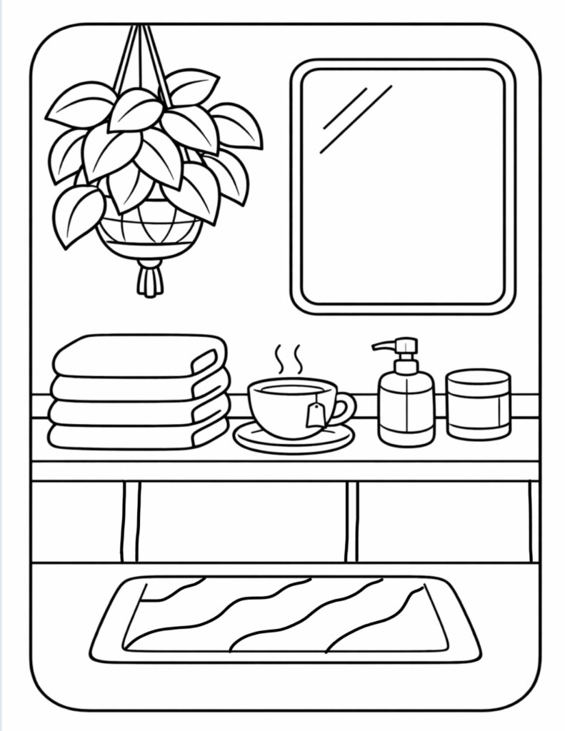 bathroom vanity with tea cup coloring page with hanging plant, mirror, folded towels, soap dispenser, and bath mat