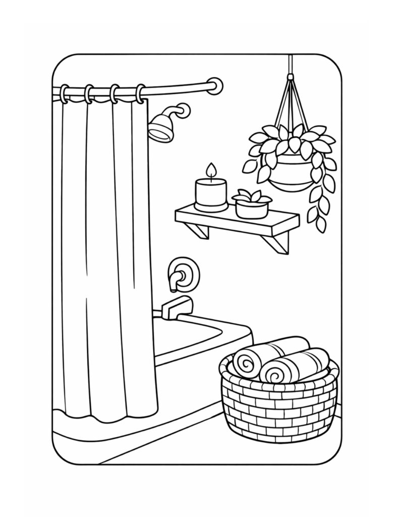 bathtub with shower curtain coloring page with candle shelf and hanging plant coloring page