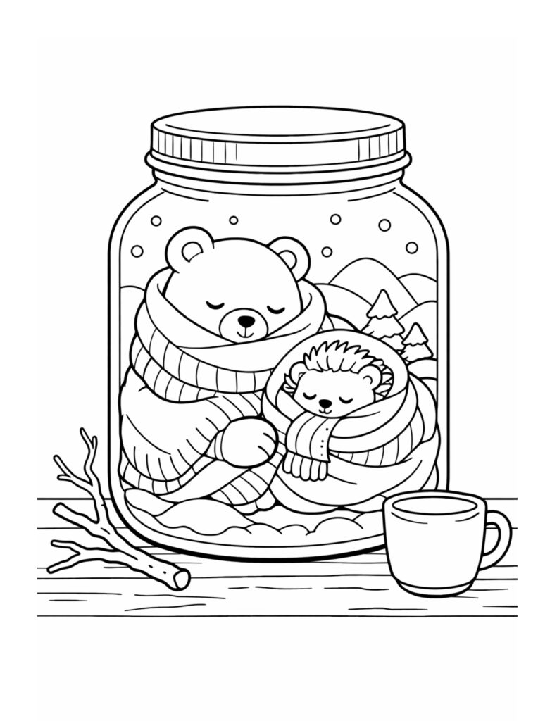 bear cuddling hedgehog in jar coloring page, sleeping bear and hedgehog in scarves with snow and mountains inside a jar, coloring page