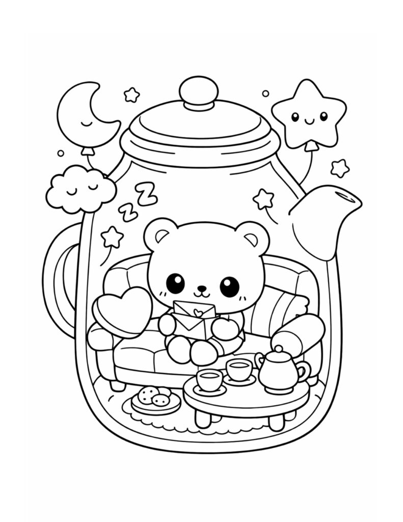 bear holding a letter jar coloring page featuring a cute teddy on a sofa with tea cups, moon and star balloons coloring page