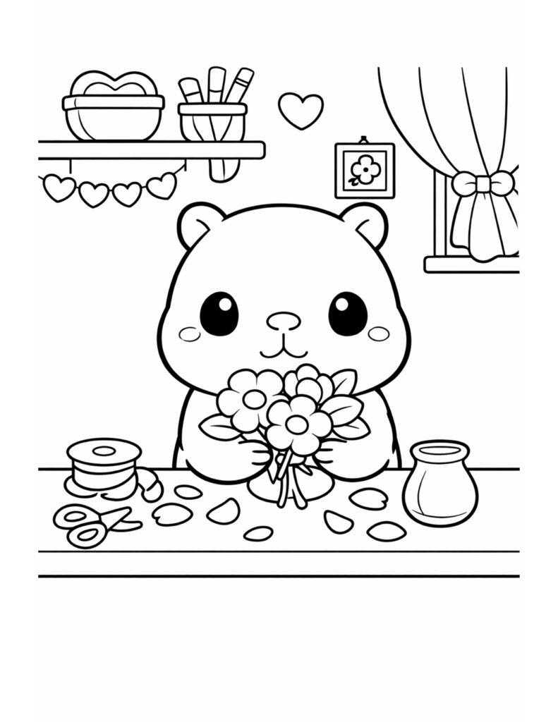 bear holding flower bouquet coloring page with a cute bear arranging flowers at a table under heart garland coloring page
