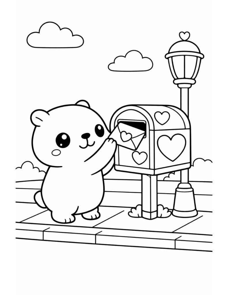 bear mailing valentine letter coloring page, cute bear posting a heart envelope into a mailbox by a street lamp, coloring page