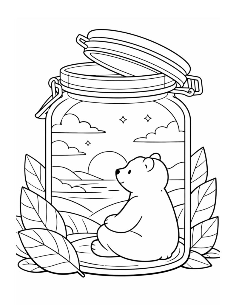bear watching sunset in jar coloring page with open lid, clouds, sparkles, and leafy accents coloring page