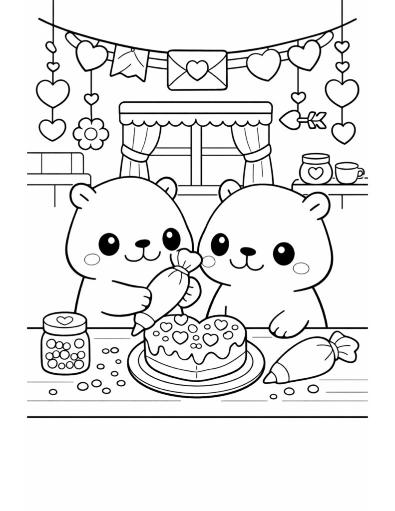 bears decorating heart cake coloring page, two cute bears piping icing onto a heart cake at a decorated table