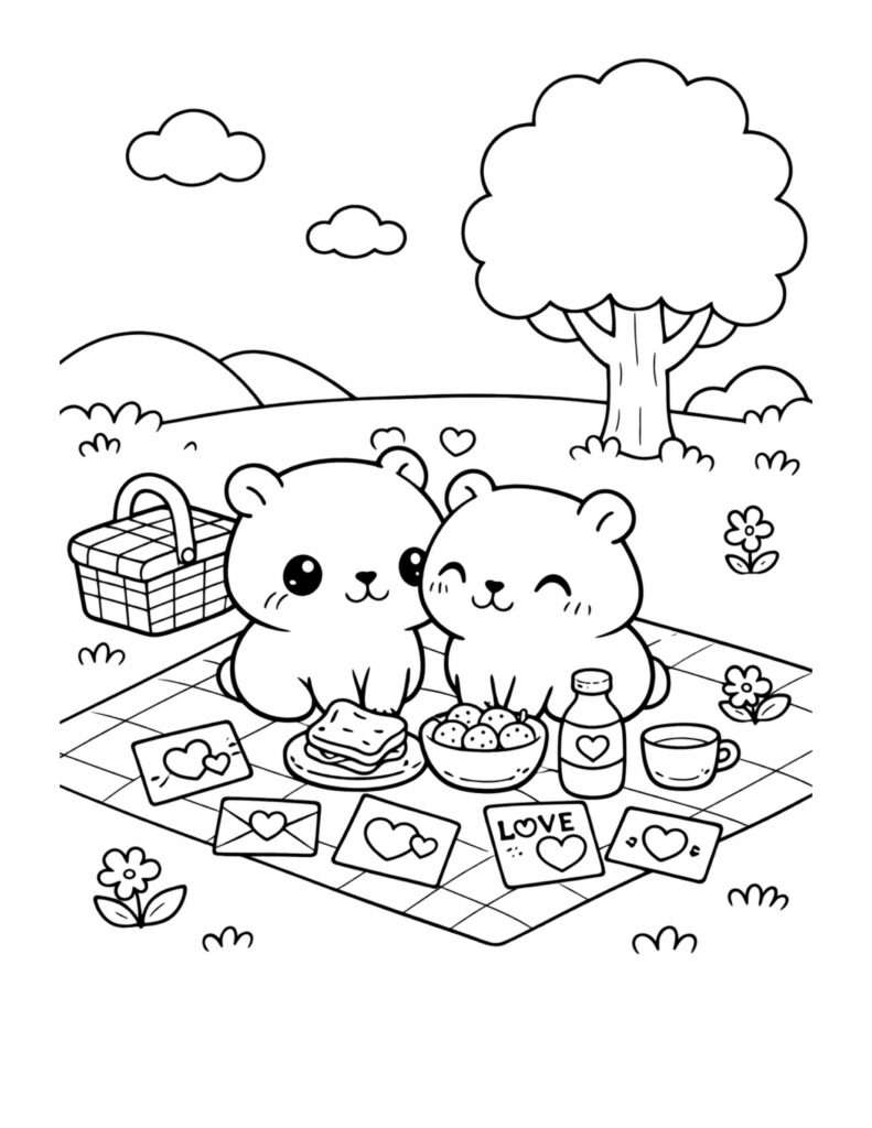 bears having a valentine picnic coloring page with two cute bears, picnic blanket, snacks, and love cards