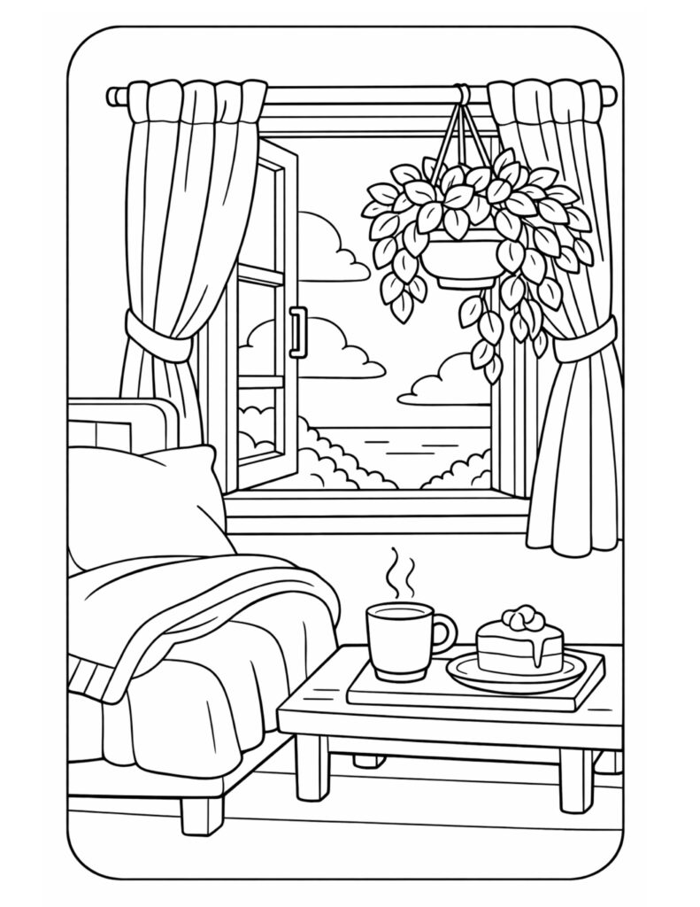 bedroom window coffee and cake coloring page with an open window, curtains, hanging plant, bed, and tray dessert coloring page